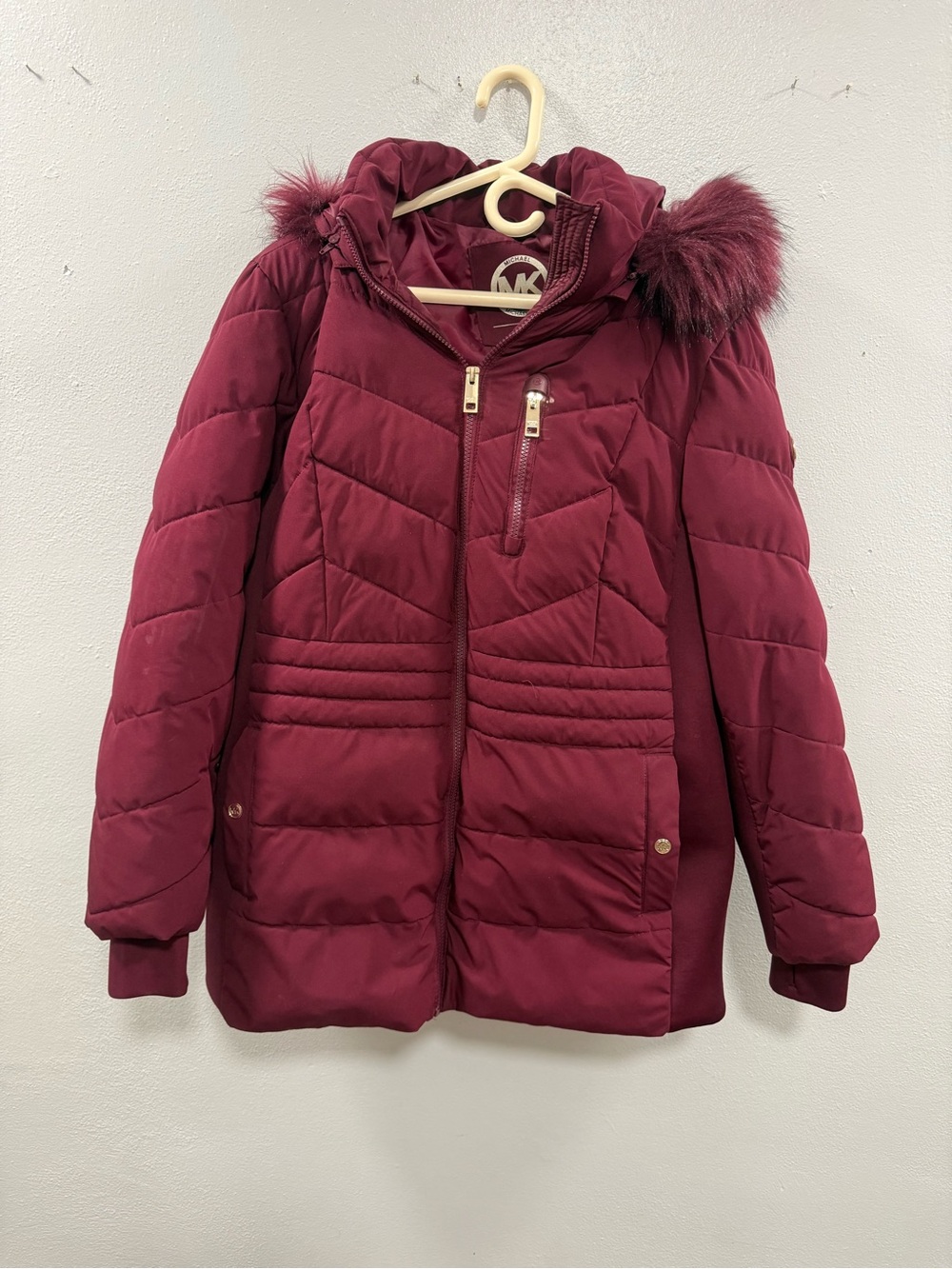 Michael Kors Burgundy Quilted Puffer Jacket with Faux Fur Hood